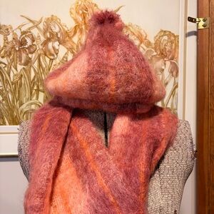 Vintage Handmade Creebridge Scottish Mohair/Wool Blend pink scarf and hat combo